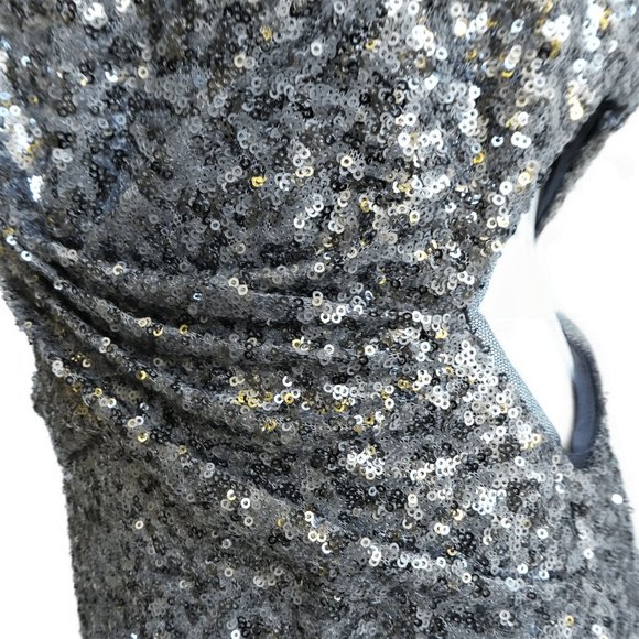 Heavy Silver Sequin Ruched  Evening Gown Betsy & Adam Elegant Trumpet Skirt USA - Picture 5 of 11